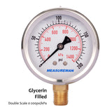 Measureman 2-1/2" Dial Size, Liquid Filled Pressure Gauge, 0-200psi/kpa, 304 Stainless Steel Case, 1/4"NPT Lower Mount