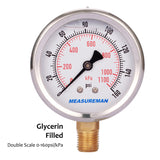 Measureman 2-1/2" Dial Size, Oil Filled Pressure Gauge, 0-160psi/kpa, 304 Stainless Steel Case, 1/4"NPT Lower Mount