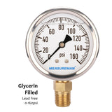 MEASUREMAN Lead-Free Glycerin Filled Pressure Gauge, 0-160psi, RV Regulator Replacement Pressure Gauge, 2" x 1/4"NPT Lower, Stainless Steel Case, Brass Inside,  5pieces