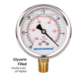 Measureman Vacuum Gauge, Glycerin Filled, 2-1/2" Dial Size, 1/4"NPT Lower Mount, -30"Hg/-100kpa-0
