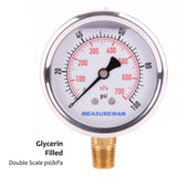 Measureman 2-1/2" Dial Size, Glycerin Filled Pressure Gauge, 0-100psi/kpa, 304 Stainless Steel Case, 1/4"NPT Lower Mount
