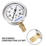 Measureman 2-1/2" Dial Size, Glycerin Filled Plumbing Pressure Gauge, 0-60psi, Stainless Steel Case, 1/4"NPT Lower Mount