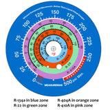 Measureman Refrigeration Pressure Gauge, 3-1/8" Dial, Blue Dial, 1/8" NPT Lower Mount, 30inHg-0-250psi, 250-500psi Retarded Range, R-134a, R-404A, R-22, R-410A, Degree F, Adjustable Pointer