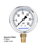 Measureman 2-1/2" Dial Size, Glycerin Filled Plumbing Pressure Gauge, 0-30psi, Stainless Steel Case, 1/4"NPT Lower Mount