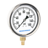 Meaureman 4" Dial Size, Glycerin Filled Plumbing Pressure Gauge, 0-60psi, Stainless Steel Case, 1/4"NPT Lower Mount