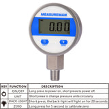Measureman 2-1/2" dial, Digital Industrial Pressure Gauge with 1/4"NPT lower mount, stainless steel case and connection, 0-100psi/bar, 1%,Battery Powered, With LED light