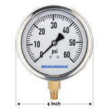 Meaureman 4" Dial Size, Glycerin Filled Plumbing Pressure Gauge, 0-60psi, Stainless Steel Case, 1/4"NPT Lower Mount