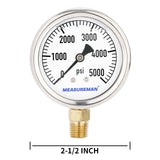 Measureman 2-1/2" Dial Size, Glycerin Filled Plumbing Pressure Gauge, 0-5000psi, Stainless Steel Case, 1/4"NPT Lower Mount