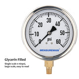 Meaureman 4" Dial Size, Glycerin Filled Plumbing Pressure Gauge, 0-60psi, Stainless Steel Case, 1/4"NPT Lower Mount