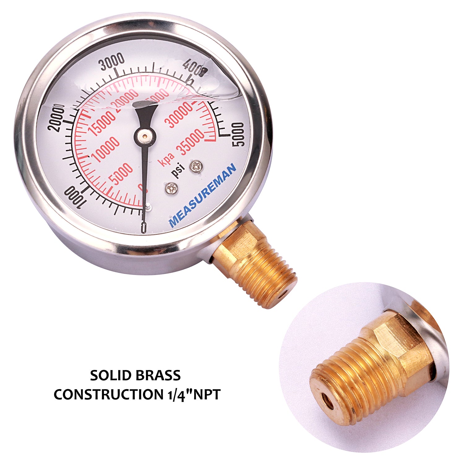 MEASUREMAN Digital Hydraulic Industrial Pressure Gauge 2-1/2 Dial 1/4NPT Lower, Stainless Steel Case and Connection, 0-3500psi/bar, 1%,Battery