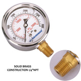 MEASUREMAN 2-1/2" dial, 1/4"NPT Lower, Glycerin Filled Pressure Gauge, Stainless Steel case, Brass Inside, 0-3000psi/kpa