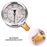 Measureman 2-1/2" Dial Size, Oil Filled Pressure Gauge, 0-160psi/kpa, 304 Stainless Steel Case, 1/4"NPT Lower Mount