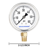 Measureman 2-1/2" Dial Size, Glycerin Filled Plumbing Pressure Gauge, 0-60psi, Stainless Steel Case, 1/4"NPT Lower Mount