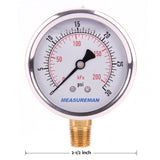 Measureman 2-1/2" Dial Size, Oil Filled Pressure Gauge, 0-30psi/kpa, 304 Stainless Steel Case, 1/4"NPT Lower Mount