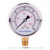 Measureman 2-1/2" Dial Size, Oil Filled Pressure Gauge, 0-30psi/kpa, 304 Stainless Steel Case, 1/4"NPT Lower Mount 50pieces