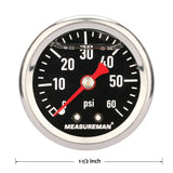 MEASUREMAN Fuel Pressure Gauge 0-60psi 1.5" Dial, 1/8"NPT Back, Stainless Steel Case, Brass Inside, Glycerin Filled, Black Dial