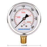MEASUREMAN 2-1/2" dial, 1/4"NPT Lower, Glycerin Filled Pressure Gauge, Stainless Steel case, Brass Inside, 0-3000psi/kpa
