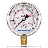 Meaureman Lead-Free Pressure Gauge, 2-1/2" Dial, Glycerin Filled, 0-60psi/kpa, Stainless Steel Case, 1/4"NPT Lower Mount