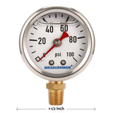 Measureman 1-1/2" Dial Size, 304 Stainless Steel case, Liquid Filled Fuel Pressure Gauge, 0-100Psi, -3-2-3%, 1/8"NPT Lower Mount