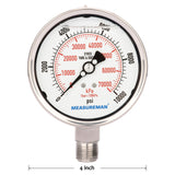 Measureman Fully Stainless Steel Hydraulic Glycerin Filled Pressure Gauge, 4" Dial Size, 1/2"NPT Lower Mount, 0-10000psi/kpa