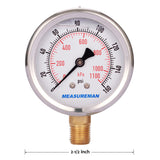 Measureman 2-1/2" Dial Size, Oil Filled Pressure Gauge, 0-160psi/kpa, 304 Stainless Steel Case, 1/4"NPT Lower Mount