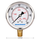 Measureman 2-1/2" Dial Size, Oil Filled Pressure Gauge, 0-600psi/4000kpa, 304 Stainless Steel Case, 1/4"NPT Lower Mount