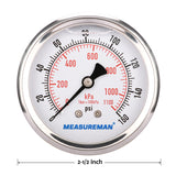 MEASUREMAN 2-1/2" Dial Size, Glycerin Filled Pressure Gauge, 0-160psi/kpa, 304 Stainless Steel Case, 1/4"NPT Center Back Mount