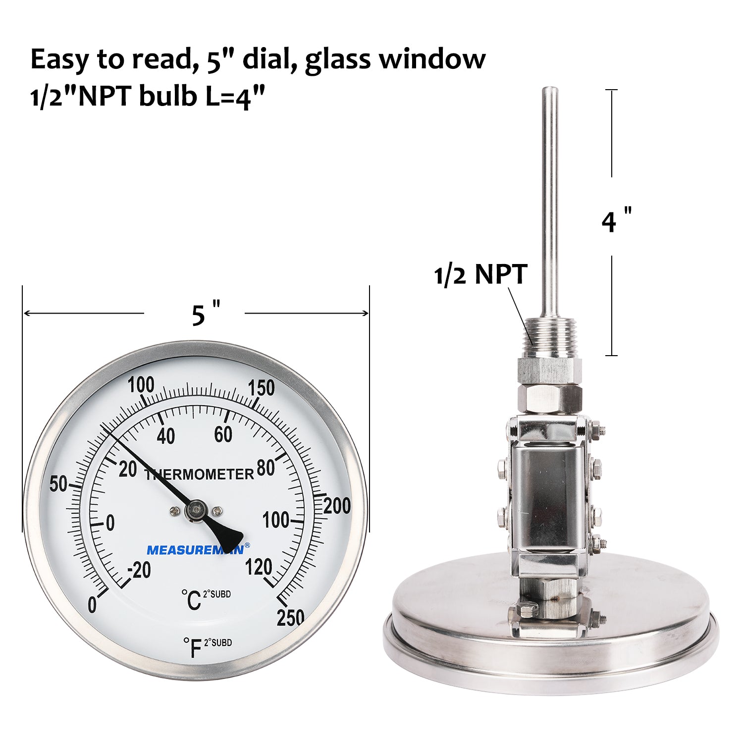 Measureman Fully Stainless Steel Bimetal Dial Thermometer, 3 Dial, 4 –  Measureman Direct