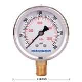 Measureman 2-1/2" Dial Size, Glycerin Filled Pressure Gauge, 0-300psi/kpa, 304 Stainless Steel Case, 1/4"NPT Lower Mount