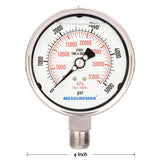 Measureman Fully Stainless Steel Hydraulic Glycerin Filled Pressure Gauge, 4" Dial Size, 1/2"NPT Lower Mount, 0-5000psi/kpa