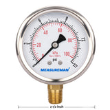 Measureman 2-1/2" Dial Size, Glycerin Filled Pressure Gauge, 0-15psi/100kpa, 304 Stainless Steel Case, 1/4"NPT Lower Mount