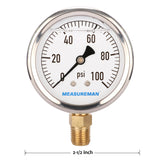 MEASUREMAN 2-1/2" Dial Size, Glycerin Filled Plumbing Pressure Gauge, 0-100psi, Stainless Steel Case, 1/4"NPT Lower Mount