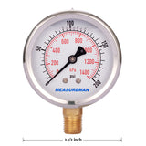 Measureman 2-1/2" Dial Size, Liquid Filled Pressure Gauge, 0-200psi/kpa, 304 Stainless Steel Case, 1/4"NPT Lower Mount