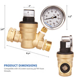 Measureman Adjustable Brass Lead Free RV Pressure Regulator, Pressure Reducer with Liquid Filled Pressure Gauge 160psi and Inlet Screened Filter for RV Camper Travel Trailer