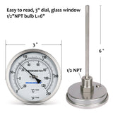 Measureman Fully Stainless Steel Pot, Kettle, Brewing Bimetal Dial Thermometer, 3" Dial, 6" Stem, 0-250 deg F/-20-120 deg C, +/-1% Accuracy, Adjustable, 1/2" NPT Back Mount