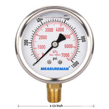 Measureman 2-1/2" Dial Size, Liquid Filled Pressure Gauge, 0-1000psi/7000kpa, 304 Stainless Steel Case, 1/4"NPT Lower Mount