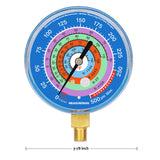 Measureman Refrigeration Pressure Gauge, 3-1/8" Dial, Blue Dial, 1/8" NPT Lower Mount, 30inHg-0-250psi, 250-500psi Retarded Range, R-134a, R-404A, R-22, R-410A, Degree F, Adjustable Pointer