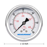 Measureman 2-1/2" Dial Size, Liquid Filled Pressure Gauge, 0-300psi/2000kpa, 304 Stainless Steel Case, 1/4"NPT Back Mount