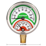 Measureman Tridicator, Thermo-Manometer, 2-1/2", Silicone Oil Filled, 0-160psi/30-250 deg F, Stainless Steel Case, 1/4"NPT Lower Mount Pressure Gauge