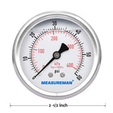 Measureman 2-1/2" Dial Size, Liquid Filled Pressure Gauge, 0-60psi/400kpa, 304 Stainless Steel Case, 1/4"NPT Back Mount