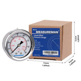 Measureman 2" Dial Size, Glycerin Filled Pressure Gauge, 0-160psi/1100kpa, 304 Stainless Steel Case, 1/4"NPT Back Mount