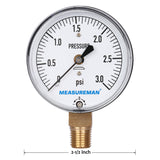 Measureman Diaphragm Type Capsule Low Pressure Gauge, 2-1/2" Dial, 1/4"NPT Lower Mount, Adjustable, 0-3Psi