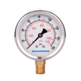 Measureman 2-1/2" Dial Size, Oil Filled Pressure Gauge, 0-160psi/kpa, 304 Stainless Steel Case, 1/4"NPT Lower Mount