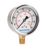 Measureman 2-1/2" Dial Size, Oil Filled Pressure Gauge, 0-160psi/kpa, 304 Stainless Steel Case, 1/4"NPT Lower Mount