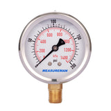 Measureman 2-1/2" Dial Size, Liquid Filled Pressure Gauge, 0-200psi/kpa, 304 Stainless Steel Case, 1/4"NPT Lower Mount