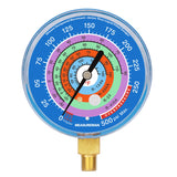 Measureman Refrigeration Pressure Gauge, 3-1/8" Dial, Blue Dial, 1/8" NPT Lower Mount, 30inHg-0-250psi, 250-500psi Retarded Range, R-134a, R-404A, R-22, R-410A, Degree F, Adjustable Pointer