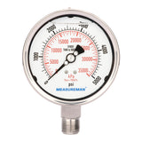 Measureman Fully Stainless Steel Hydraulic Glycerin Filled Pressure Gauge, 4" Dial Size, 1/2"NPT Lower Mount, 0-5000psi/kpa